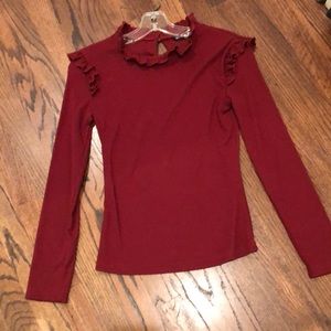 Crimson Long Sleeved Tee with Ruffle Detail